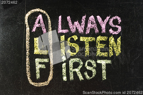 Image of ALF acronym (always listen first) - good advice for training, counselling, customer service, selling or relationships, sticky notes and white chalk handwriting on blackboard