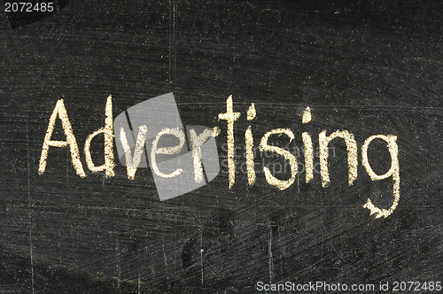 Image of Advertising handwritten with white chalk on a blackboard
