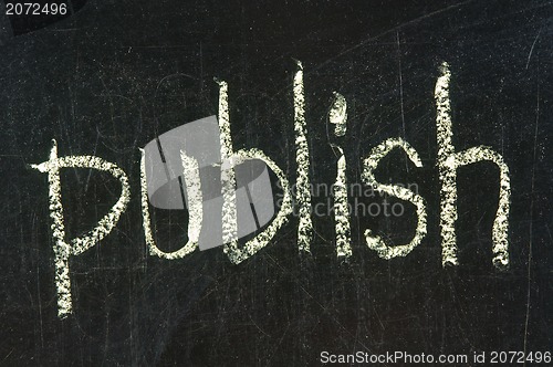 Image of The word PUBLISH handwritten with chalk  on a blackboard 