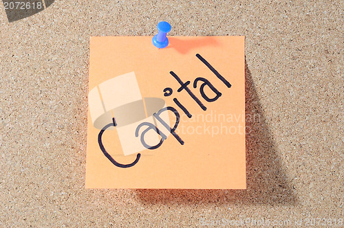 Image of The word CAPITAL Note paper with push pins on noticeboard 