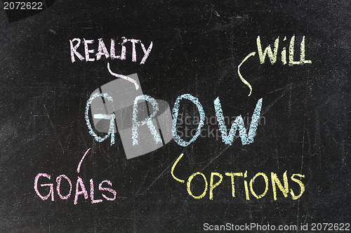 Image of Conceptual GROW acronym written on black chalkboard blackboard. goals, reality, options, will. life coaching motivation. Slide template. Vector Illustration. 
