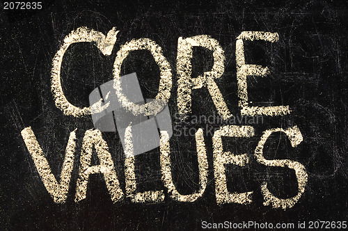 Image of core values phrase - white chalk handwriting on a vintage slate blackboard, isolated