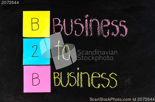 Image of B2B acronym - BUSINESS TO BUSINESS. Concept made with sticky notes and white chalk on a blackboard. 