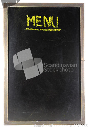 Image of blank blackboard in wood frame with white chalk smudges used a restaurant menu