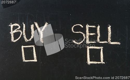 Image of Buy or sell check boxes written on a blackboard