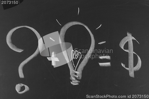 Image of Conceptual idea of light bulb drawn on black chalkboard