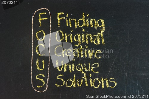 Image of Focus acronym for Finding, Original, Creative, Unique, Solutions