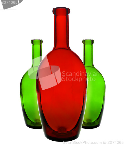 Image of Color glass bottle, red and green on white