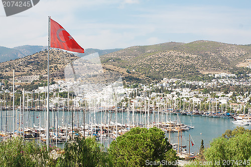 Image of Bodrum and Turkish flag, Turkey