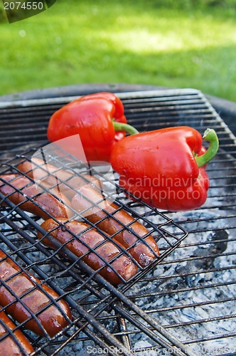 Image of Sausage and sweet red pepper, roasted on the grill