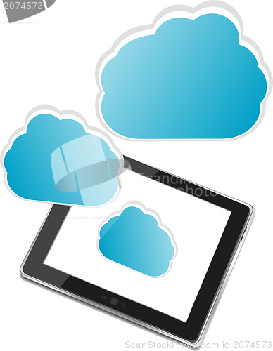 Image of Tablet pc with abstract blue cloud sign