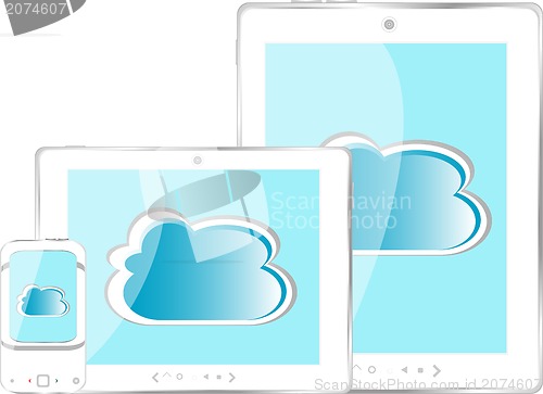 Image of Tablet pc and mobile phone set with abstract cloud isolated on white