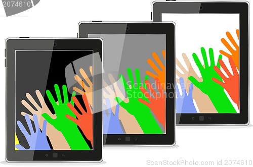 Image of Hands on the tablet pc computer set. Isolated on white background
