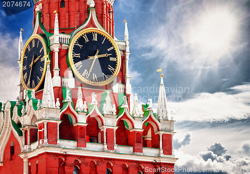 Image of Spasskaya tower with clock. Russia, Red square, Moscow