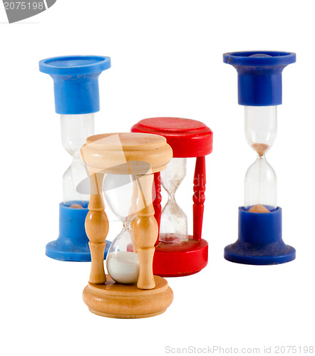 Image of different sand glass clocks timers isolated white 