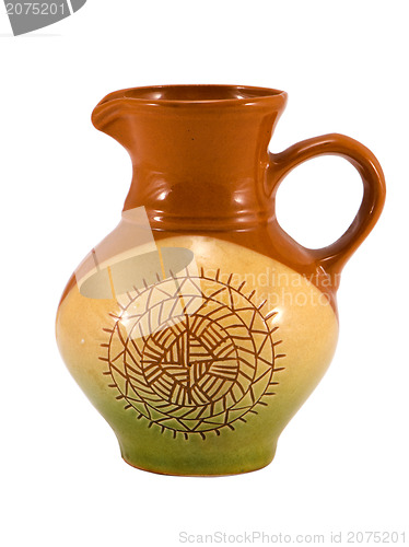 Image of retro craft handmade clay jug pitcher on white 