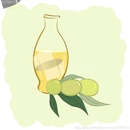 Image of Small bottle of olive oil and two olives