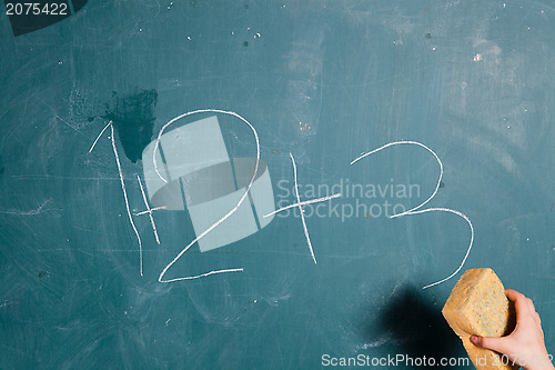 Image of Hand holding sponge over chalkboard 