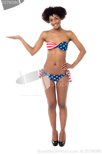 Image of USA flag bikini model presenting copy space