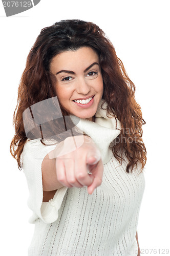 Image of Cheerful caucasian lady pointing at you