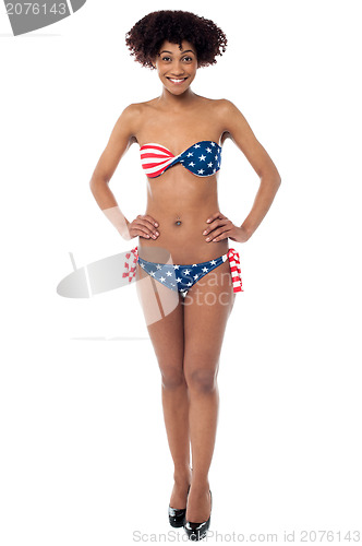 Image of Americal flag bikini model on white background