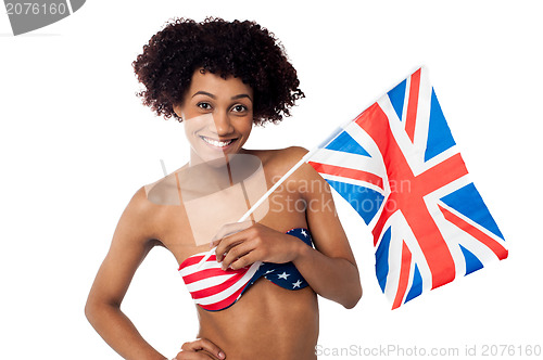 Image of United Kingdom supporter in American flag bikini