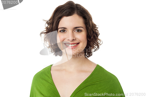 Image of Pretty curly haired woman on white background