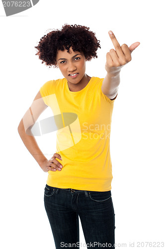 Image of Angry female showing middle finger