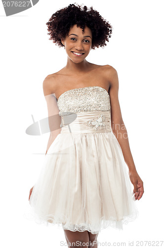 Image of Cheerful glamorous model in white frock