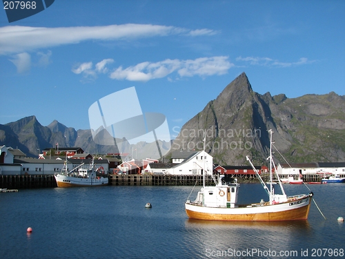 Image of Boat and village on the Lofoten Islands