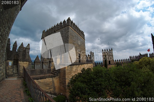 Image of Fisheye view of Almodovar del Rio medieval castle on a cloudy day