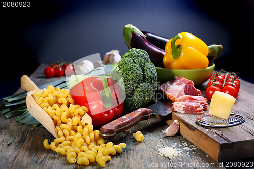 Image of Vegetables, bacon and cheese for cooking pasta.