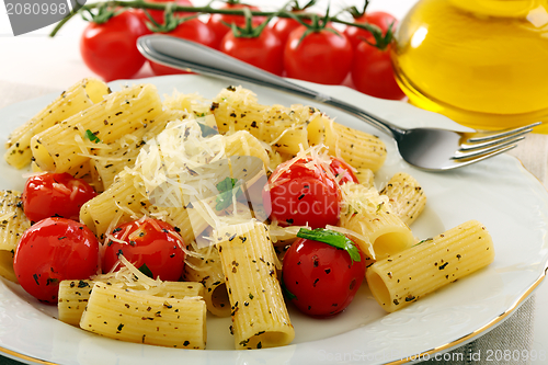 Image of Pasta with tomatoes closeup.