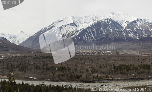 Image of Spring view of Black Rapids glacier moraine