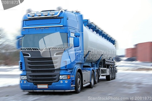 Image of Blue Tanker Truck Motion Blur