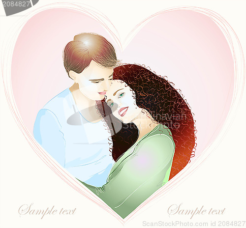 Image of Happy young couple in love. Hand drawn valentines day greeting c