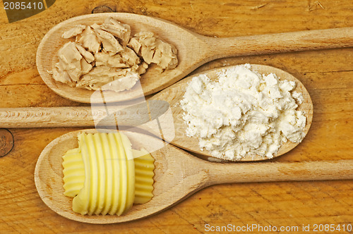 Image of baking ingredients butter, yeast and meal