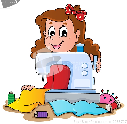 Image of Cartoon girl with sewing machine