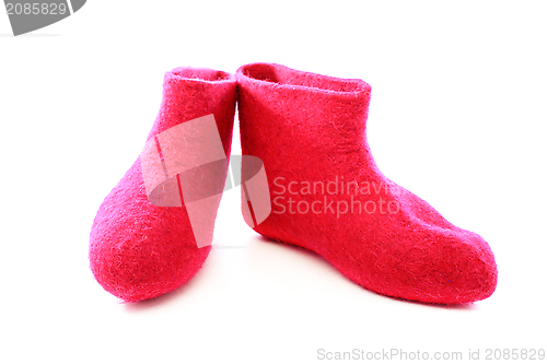 Image of Pair of pink felt boots. 