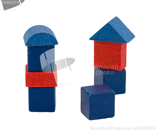 Image of red blue wood log toy tower construction isolated 