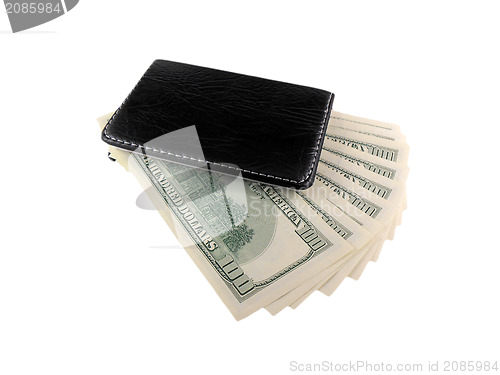 Image of Black leather wallet with dollars white isolated