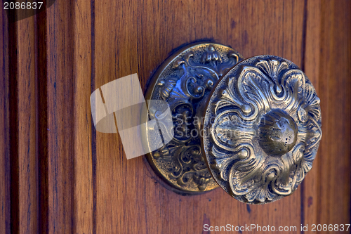 Image of brass brown knocker and wood  door