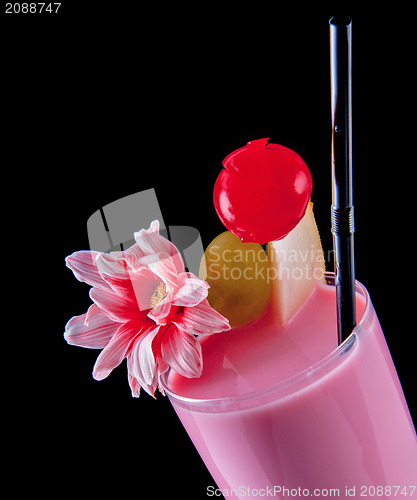 Image of Alcohol  pink drink,  cocktail with flower, straw, isolated black