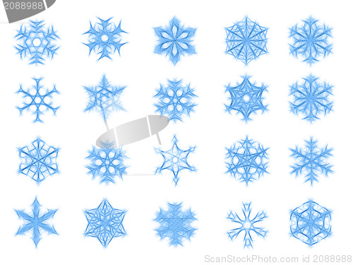 Image of Set of 20 blue snowflakes in sketch style