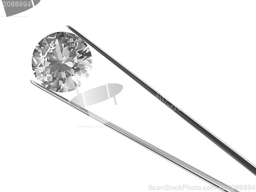 Image of A diamond held in tweezers isolated on white