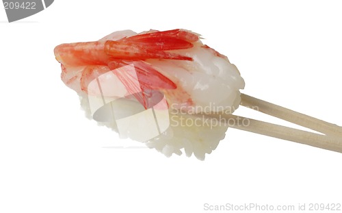 Image of Shrimp sushi in chopsticks