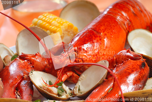 Image of Boiled lobster dinner with clams and corn