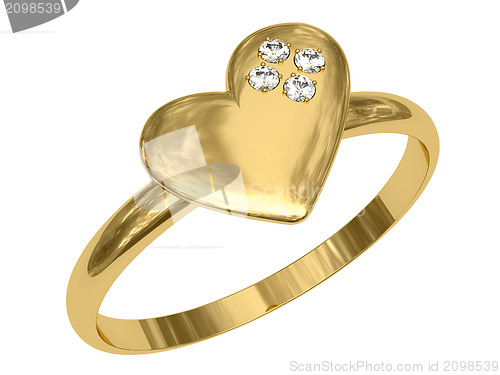 Image of Golden ring in the shape of heart with diamonds