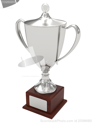 Image of Silver trophy cup on wood pedestal with blank plate