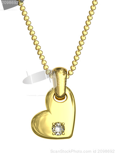 Image of Gold pendant in shape of heart with diamond on chain